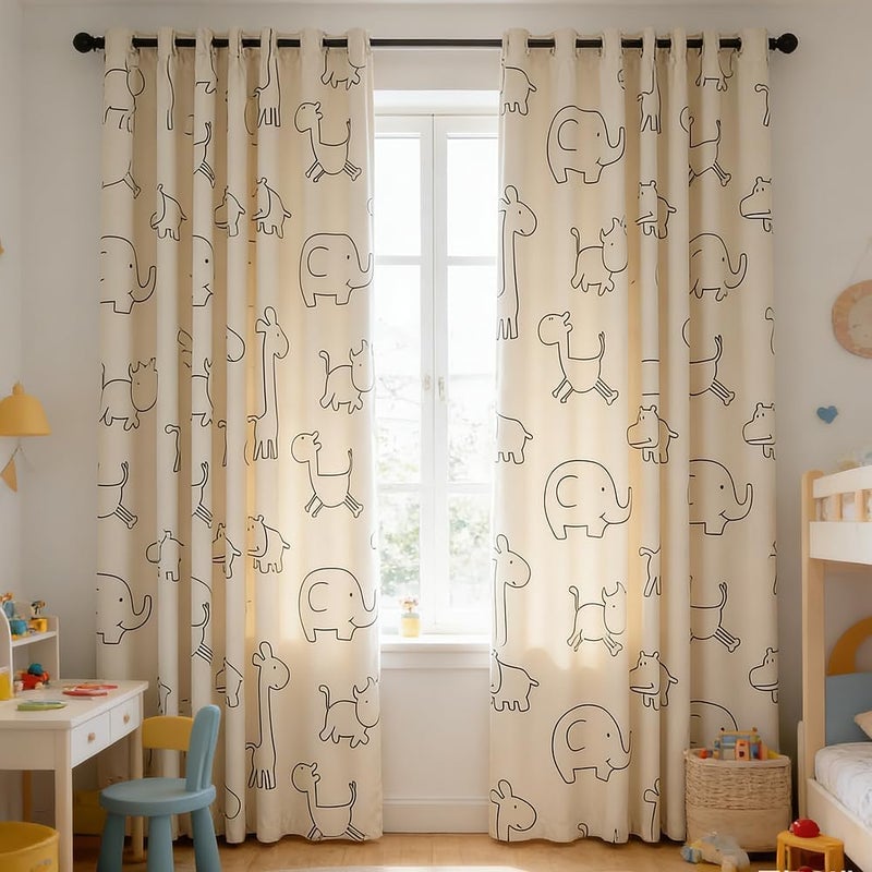 AiFMQQ Cartoon Animals Pattern Blackout Curtains for Kids Bedroom Living Room Grommet Top Beige Kids Bedroom Curtain for Boys Girls Bay Window Nursery Room Window Treatments 1 Panel (W52 L84 inch,Beige) - Image 2