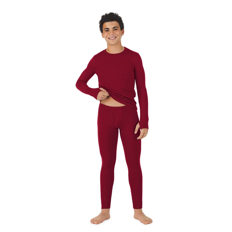 Cuddl Duds Boys Heavyweight Fleece Lined 2 Piece Thermal Underwear Set â€“ Long Sleeve Shirt & Leggings Base Layer for Cold Weather â€“ Winter Clothing Long Johns Lounge Sets for Kids, Red, M - Image 2