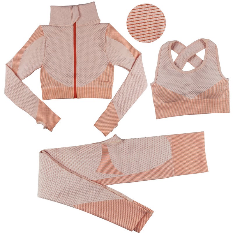 Striped Seamless Yoga Suit Long Pants Bra Set Pink  - Image 1