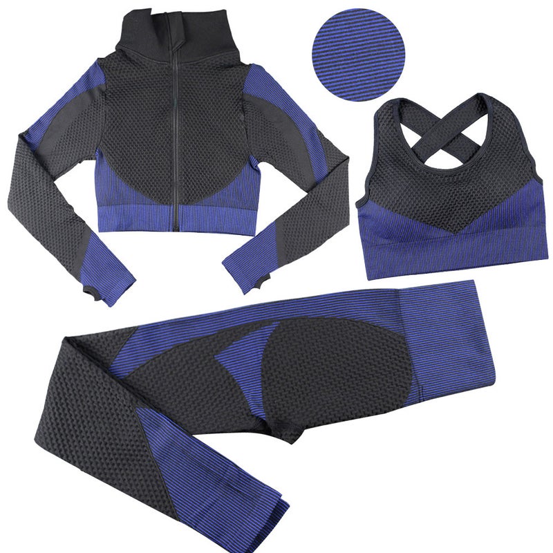 Striped Seamless Yoga Suit Long Pants Bra Set Pink  - Image 3