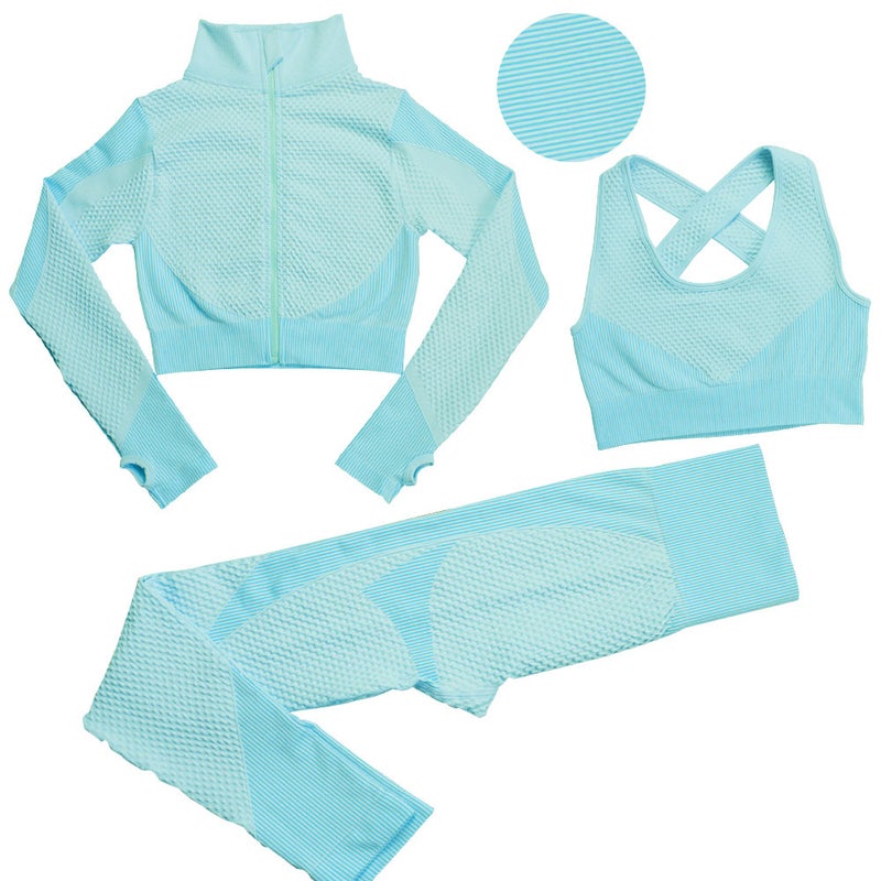 Striped Seamless Yoga Suit Long Pants Bra Set Pink  - Image 4
