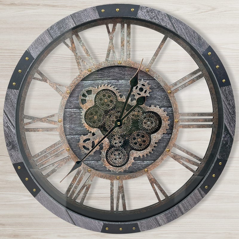DORBOKER 24 Large Wall Clock with Moving GearsOversize Vintage Industrial Rustic Farmhouse Clocks for Living Room Decor Office HomeSolid Wood HD Tempered Glass CoverCarbon Grey