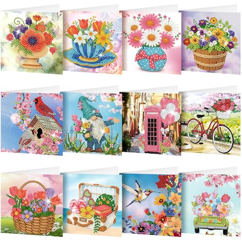 Saillong 12 Pack Spring Diamond Painting Greeting Card Kits Spring Diamond Art Cards with Envelopes Easter Gnome Tulips Flowers 5D Rhinestones Painting Kits for Adults DIY Crafts Family Friend Gifts - Image 1