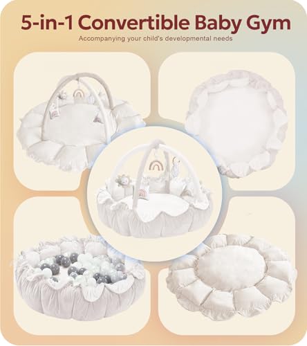 Mallify 5in1 Thick Plush Baby Play Gym Baby Play Mats for Floor Tummy Time Mat with 6 Toys Convertible StageBased Developmental from Babies to Toddlers Ball Pit White - Image 5