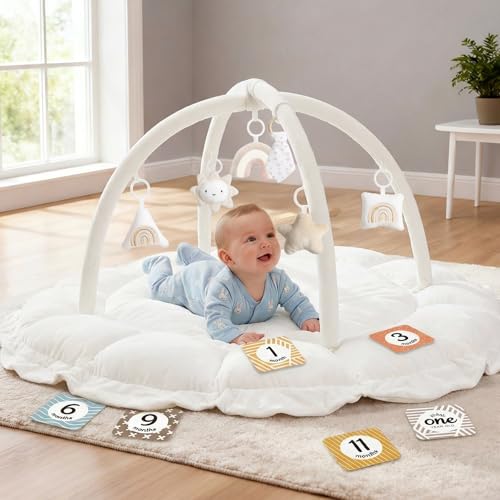 Mallify 5in1 Thick Plush Baby Play Gym Baby Play Mats for Floor Tummy Time Mat with 6 Toys Convertible StageBased Developmental from Babies to Toddlers Ball Pit White - Image 1