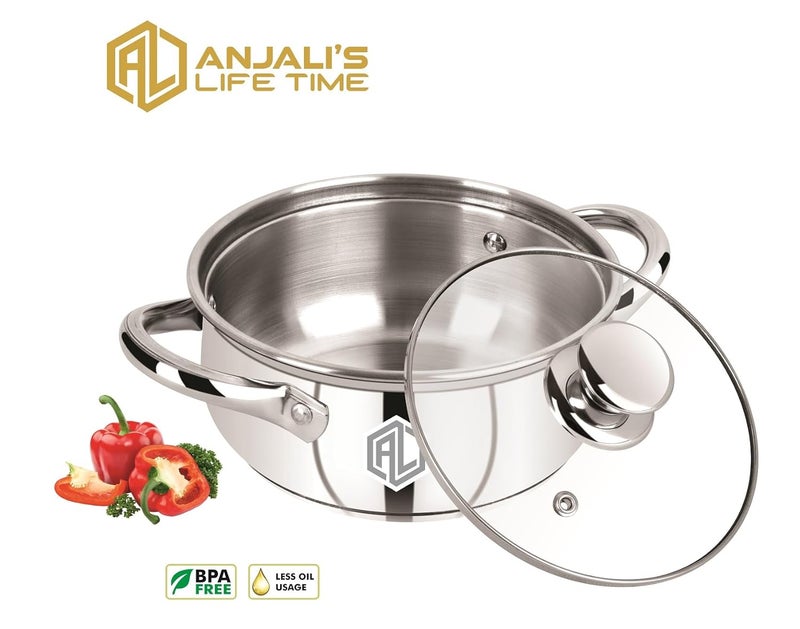 AL Anjali Life Time Multipurpose Belly Cooking and Serving Pot with Glass Lid Stainless Steel Induction BottomEncapsulated Bottom Induction Gas Compatible Mirror Finish 18CM 2 Liters - Image 3