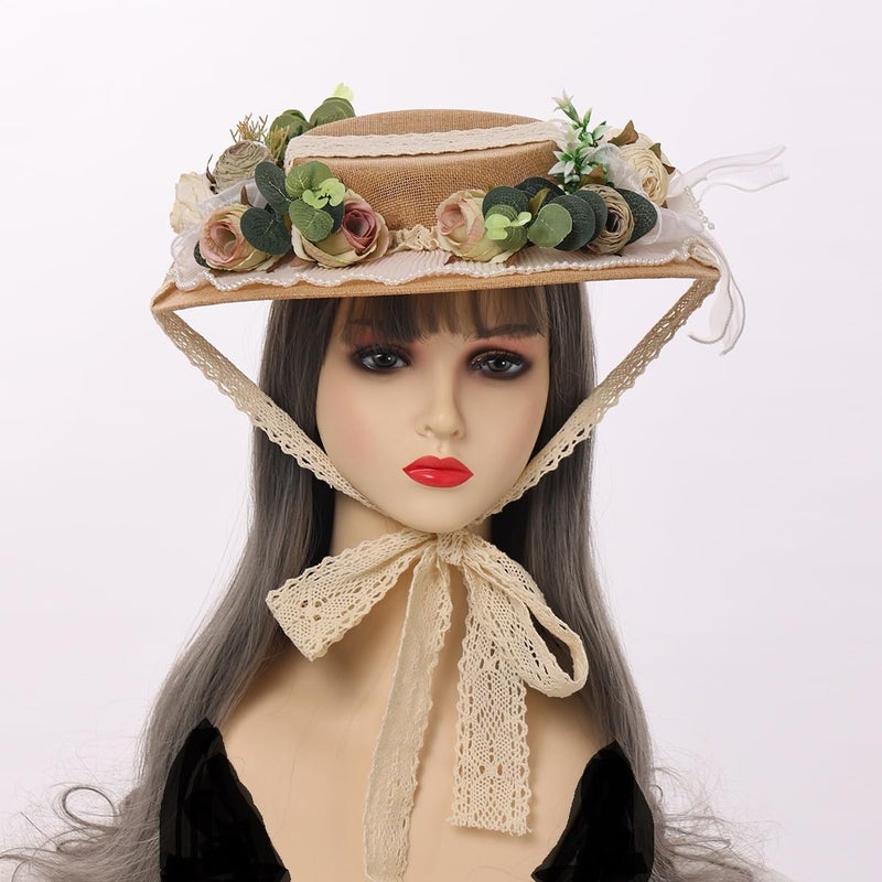 CAMDOM Victorian Womens Tea Party Sun Hat Lolita Bows Florals Flat Straw Hats - Image 5