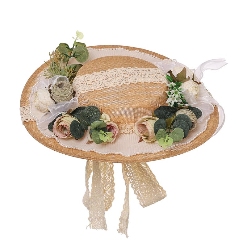 CAMDOM Victorian Womens Tea Party Sun Hat Lolita Bows Florals Flat Straw Hats - Image 2