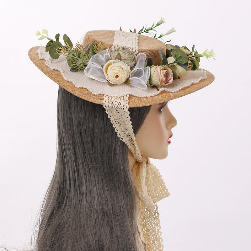 CAMDOM Victorian Womens Tea Party Sun Hat Lolita Bows Florals Flat Straw Hats - Image 3