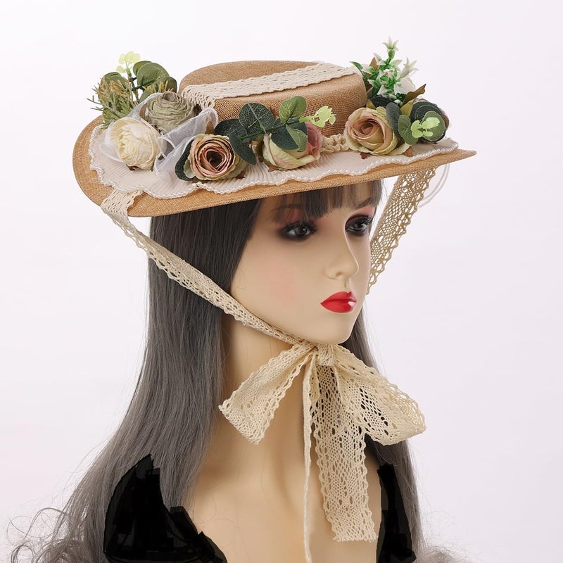 CAMDOM Victorian Womens Tea Party Sun Hat Lolita Bows Florals Flat Straw Hats - Image 4