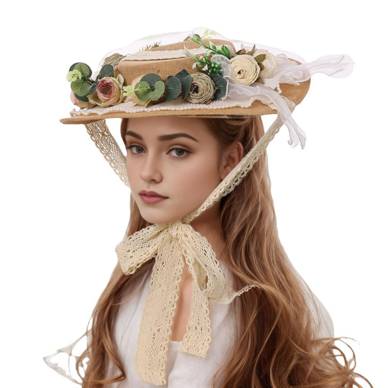 CAMDOM Victorian Womens Tea Party Sun Hat Lolita Bows Florals Flat Straw Hats - Image 1