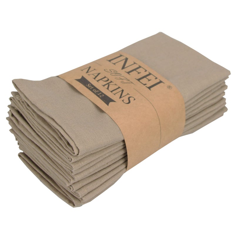 INFEI Solid Color Linen Blended Thin Dinner Cloth Napkins Set of 12 40 x 40 cm for Events Home Use Khaki