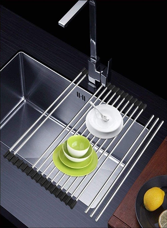 SHUYUE Roll up Dish Drying Rack Over The Sink Portable Stainless Still Rolling Rack Folding Mat for Kitchen Counter (Black, 17.7''LX11.8''W) - Image 5
