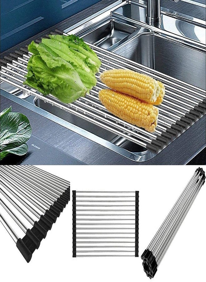SHUYUE Roll up Dish Drying Rack Over The Sink Portable Stainless Still Rolling Rack Folding Mat for Kitchen Counter (Black, 17.7''LX11.8''W) - Image 3