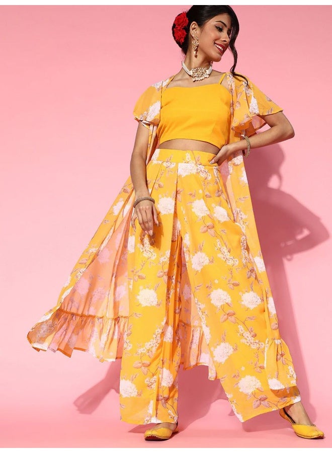 AKS Floral Printed Crop Top With Palazzos & Shrug  - Image 3