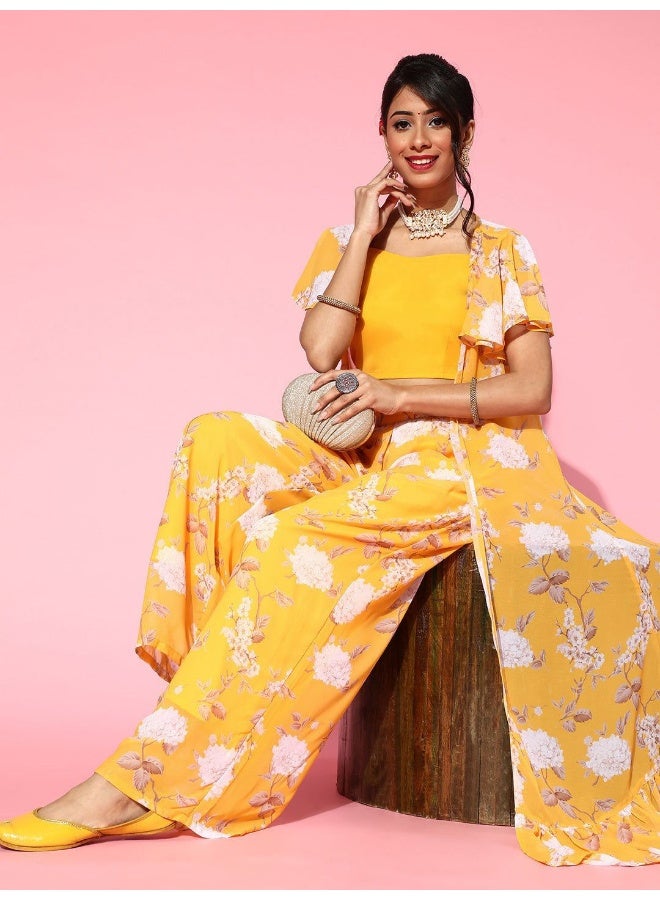 AKS Floral Printed Crop Top With Palazzos & Shrug  - Image 1