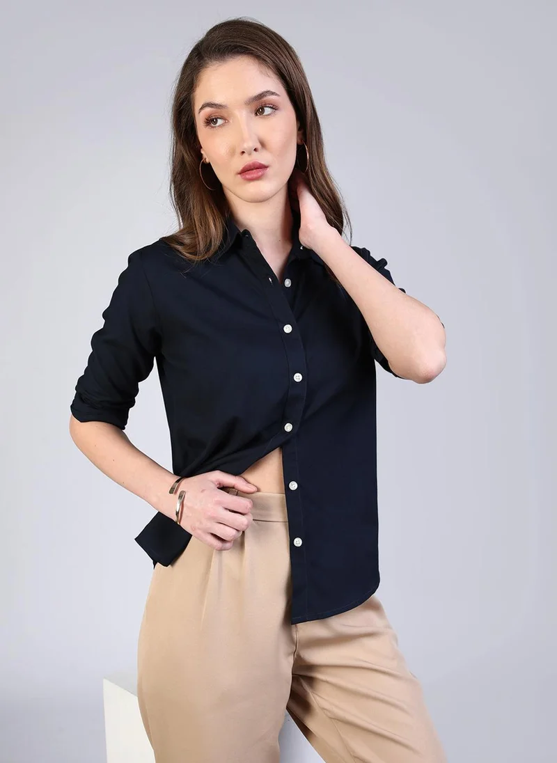 Urbano Fashion Women's Navy Modal Viscose Full Sleeve Regular Fit Casual Solid Shirt with Regular Collar
