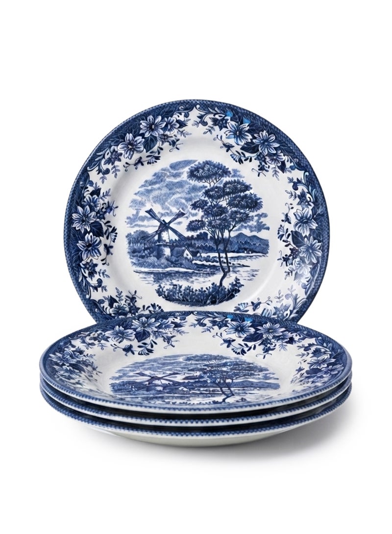 Claytan Earthenware Classic Blue Windmill & Floral Pattern Dinner Plate, 10.2 Inch, White (Set of 4)| Premium Dinner Plate for Main Course, Pasta, Rice & Everyday Dining | Vintage Tableware for Home - Image 1