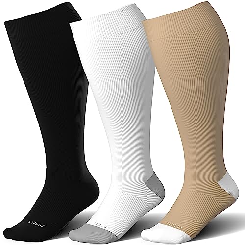 LEVSOX Plus Size Compression Socks for Women&Men Wide Calf 15-20 mmHg Knee High Extra Large Calf Support Socks for Nurse, Medical, Travel, Black, White, Wheat - Image 1