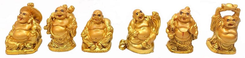JapanBargain Set of 6 Gold Laughing Buddha Statues 2Inch Lucky Buddha Figurines for Home Office Feng Shui Decor Miniature Happy Buddha Gods for Positive Energy and Good Luck