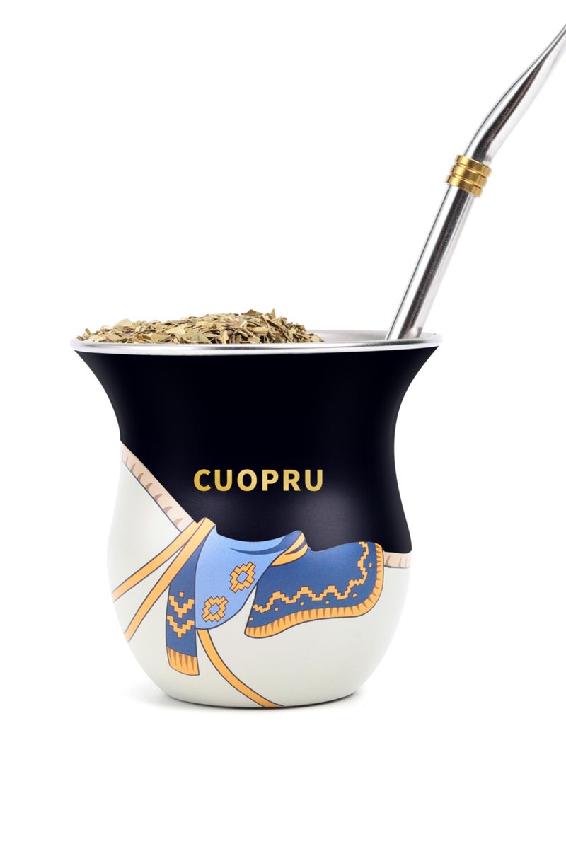 كوبرو طقم كوب ييربا ماتي على طراز السرج مع شفاطة بومبيلا وفرشاة تنظيف – قرعة بسعة 280 مل وفتحة واسعة للماتي والشاي والمزيد (أسود غير لامع) - Image 1