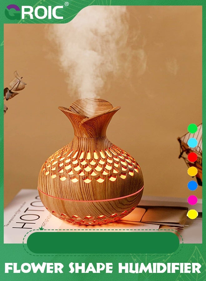 GROIC Wood Grain Humidifier 300ml with 7 Colors LED Night Light, Flower Shape 2 Mist Modes Super Quiet, USB Desktop for Car, Office Room, Bedroom, Office, Travel (Lightwood) - Image 1