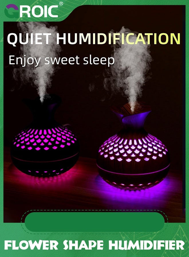 GROIC Wood Grain Humidifier 300ml with 7 Colors LED Night Light, Flower Shape 2 Mist Modes Super Quiet, USB Desktop for Car, Office Room, Bedroom, Office, Travel (Lightwood) - Image 2