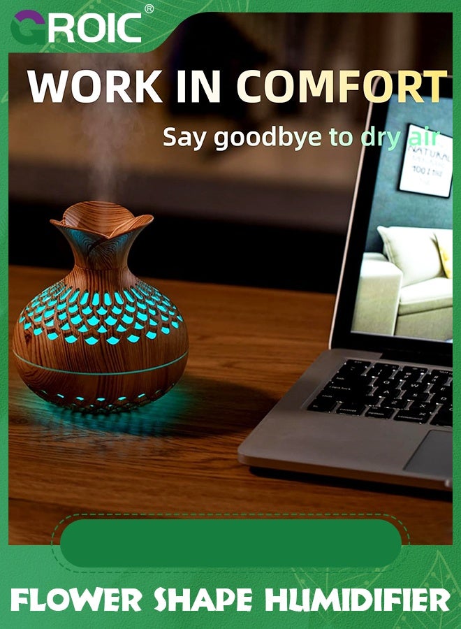 GROIC Wood Grain Humidifier 300ml with 7 Colors LED Night Light, Flower Shape 2 Mist Modes Super Quiet, USB Desktop for Car, Office Room, Bedroom, Office, Travel (Lightwood) - Image 3