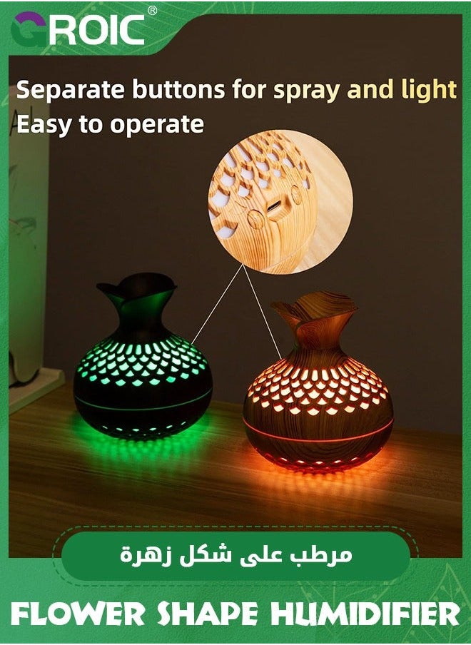 GROIC Wood Grain Humidifier 300ml with 7 Colors LED Night Light, Flower Shape 2 Mist Modes Super Quiet, USB Desktop for Car, Office Room, Bedroom, Office, Travel (Lightwood)  - Image 4