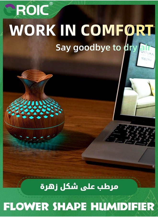 GROIC Wood Grain Humidifier 300ml with 7 Colors LED Night Light, Flower Shape 2 Mist Modes Super Quiet, USB Desktop for Car, Office Room, Bedroom, Office, Travel (Lightwood)  - Image 3