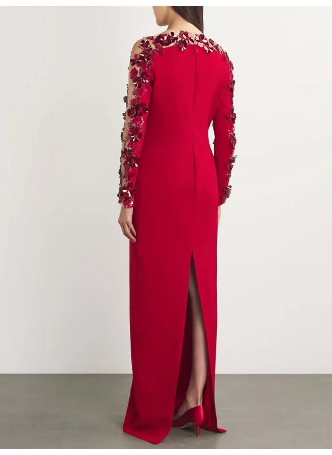 Madam Uniq Evening Gown Long Dress with Heavy Beading and 3D Floral Embroidery, Mesh Spliced Maxi Dress