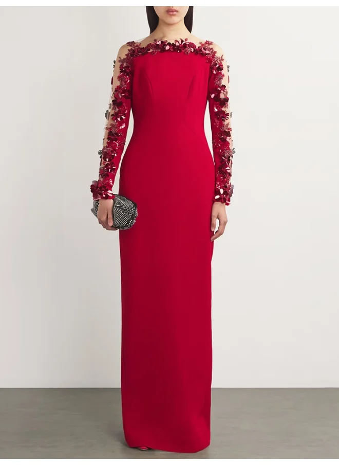 Madam Uniq Evening Gown Long Dress with Heavy Beading and 3D Floral Embroidery, Mesh Spliced Maxi Dress