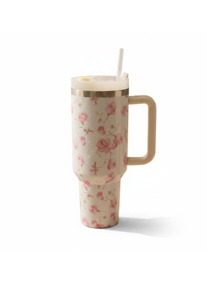 Spaceshoop Floral Print Insulated 1.18 L Tumbler with Comfort Grip Handle Stainless Steel Vacuum Insulated Travel Mug with Straw and Tapered Base for Car Cup Holders in White Color - Image 1