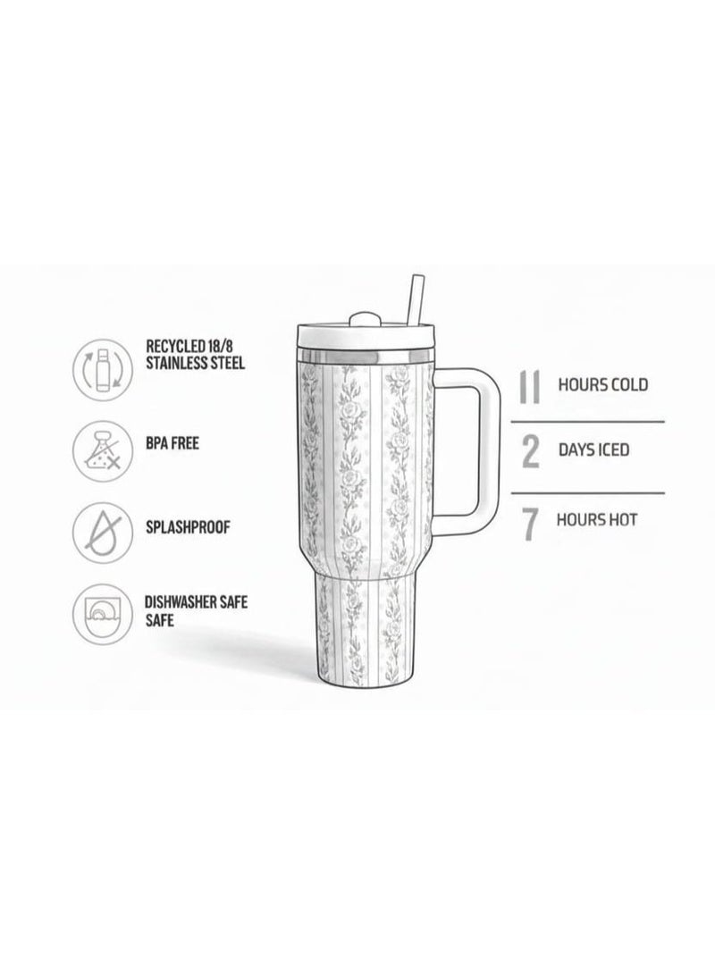Spaceshoop Floral Print Insulated 1.18 L Tumbler with Comfort Grip Handle Stainless Steel Vacuum Insulated Travel Mug with Straw and Tapered Base for Car Cup Holders in White Color - Image 2