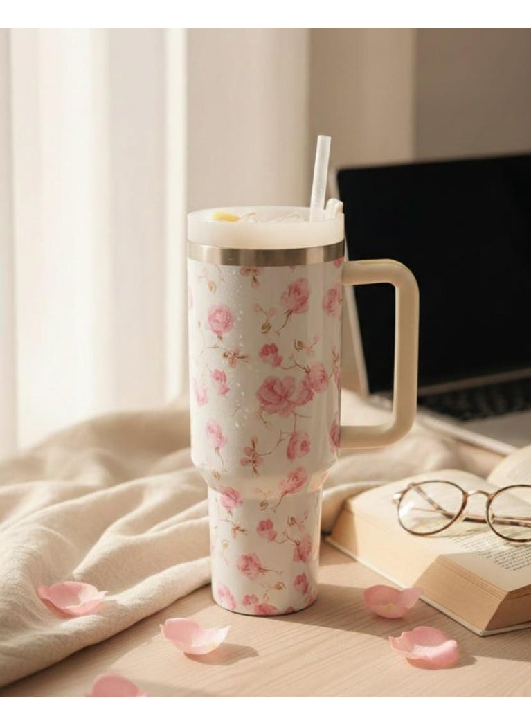 Spaceshoop Floral Print Insulated 1.18 L Tumbler with Comfort Grip Handle Stainless Steel Vacuum Insulated Travel Mug with Straw and Tapered Base for Car Cup Holders in White Color - Image 3