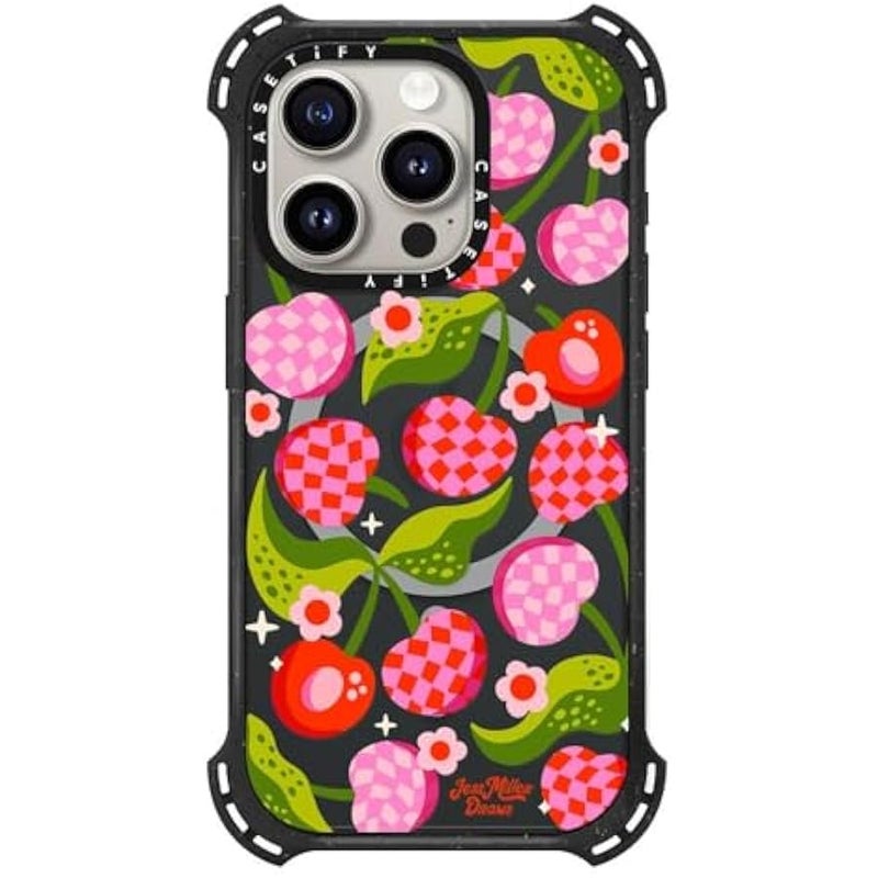 Casetify Bounce iPhone 15 Pro Case 【6X Military Grade Drop Tested / 21.3ft Drop Protection/Compatible with Magsafe】 - Checkered Cherries - Triple Black - Image 1