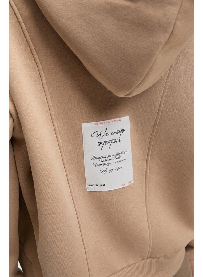 GRIMELANGE VYSELLE Women's Front-Front Cut Metal Zipper Hooded Sweatshirt with Label Details, Oversized Beige. - Image 3