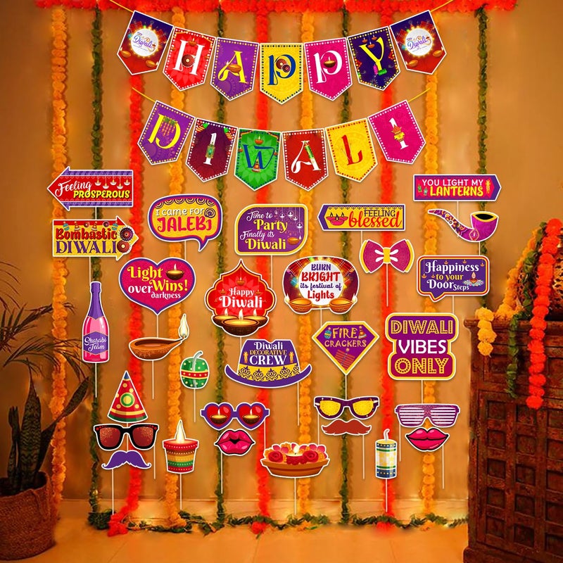 Zyozique® Diwali Decorations Combo, Deepavali Decorations Items - MultiColor Paper Banner & Photo Booth Props, BackDrop Decorations Items (Pack Of 31) - Image 1