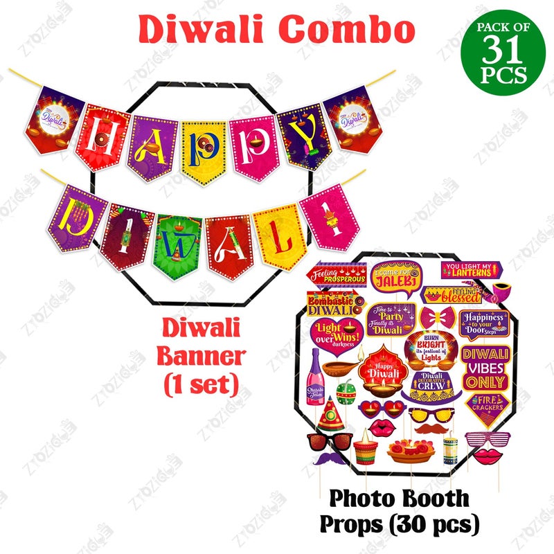 Zyozique® Diwali Decorations Combo, Deepavali Decorations Items - MultiColor Paper Banner & Photo Booth Props, BackDrop Decorations Items (Pack Of 31) - Image 2