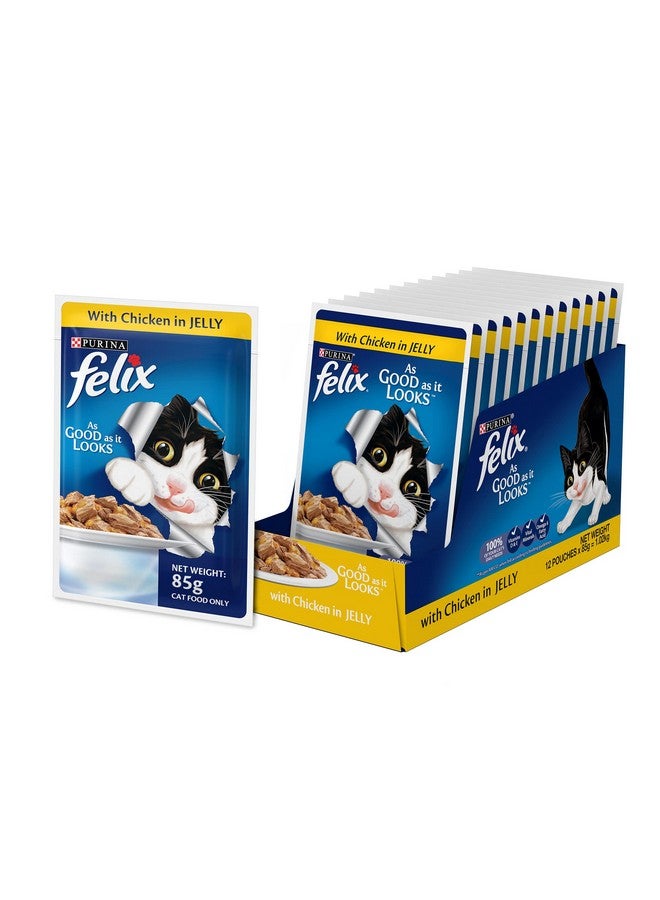 PURINA Felix As Good As It Looks Wet Food For Adult Cats|Complete And Balanced Cat Food |Chicken Flavour|Pack Of 12 Pouches (12 X 85 G)
