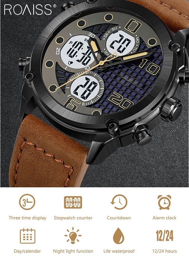 roaiss Men's Analog Digital Dual Display Sports Watch Multifunctional Waterproof Luminous Leather Strap Electronic Quartz Wristwatch with Alarm Stopwatch Backlight 12H/24H for Outdoor Activities - Image 3