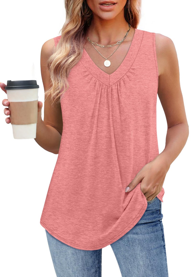 OFEEFAN Tank Top for Women Loose Fit Summer Clothes V Neck Ruched Women's Tees and Tanks Causal Tunic Trendy Coral L - Image 2