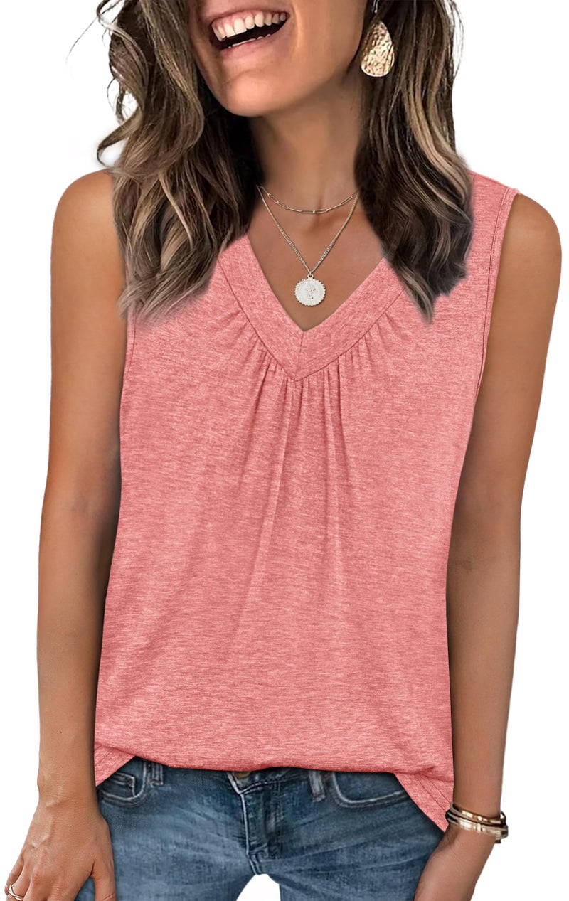 OFEEFAN Tank Top for Women Loose Fit Summer Clothes V Neck Ruched Women's Tees and Tanks Causal Tunic Trendy Coral L - Image 1