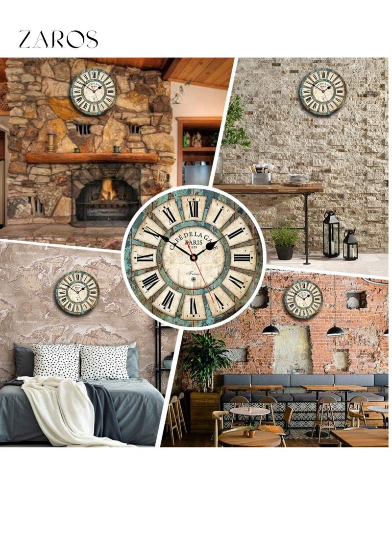 زاروس ساعة حائط ريفية صامتة مقاس 14 بوصة لغرفة المعيشة، أرقام رومانية، ساعة حائط خشبية دائرية للديكور المنزلي، ساعة حائط فرنسية عتيقة تعمل بالبطارية للديكور الداخلي للمنزل - Image 2