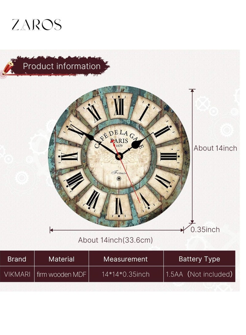 زاروس ساعة حائط ريفية صامتة مقاس 14 بوصة لغرفة المعيشة، أرقام رومانية، ساعة حائط خشبية دائرية للديكور المنزلي، ساعة حائط فرنسية عتيقة تعمل بالبطارية للديكور الداخلي للمنزل - Image 4