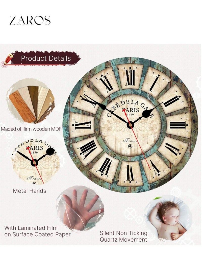 زاروس ساعة حائط ريفية صامتة مقاس 14 بوصة لغرفة المعيشة، أرقام رومانية، ساعة حائط خشبية دائرية للديكور المنزلي، ساعة حائط فرنسية عتيقة تعمل بالبطارية للديكور الداخلي للمنزل - Image 5