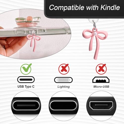 AIERSA Cute Charms Set for Kindle,Including Dust Plug Charm Type C/USB C,Heart Grip Holder,Bling Keychains with Hook for Kindle Accessories,Compatible for Kindle Paperwhite 11th 12th Generation-Pink - Image 4