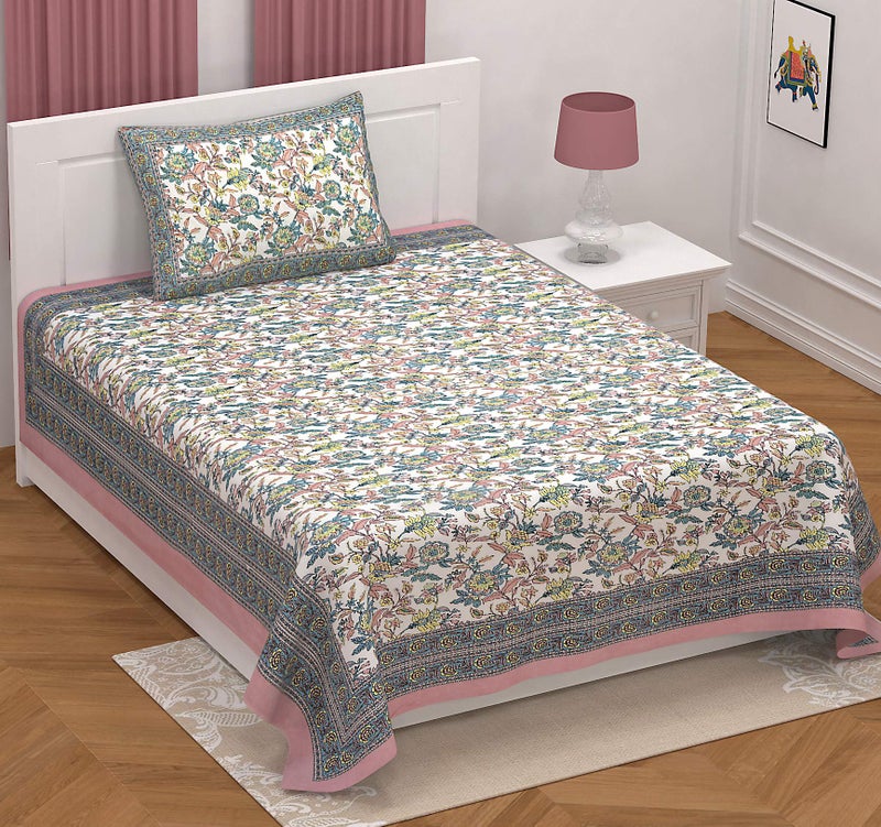 EasyGoods® 250 TC Cotton Bedsheet for Single Bed -Light Pink, Ethnic07 Bedsheet Single Size Bed Cotton, Single Size Bedsheet, Single Bedsheet with 1 Pillow Cover 60x90 Inch, Handcrafted Bed Sheets - Image 1