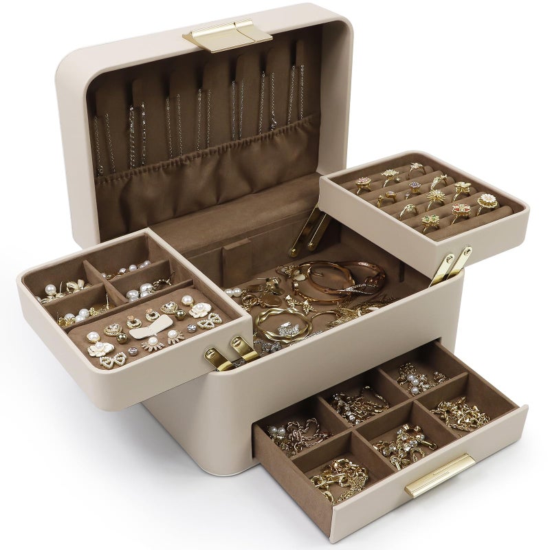 KAMIER Jewelry Box, 3 Layers Jewelry Organizer with Drawers, PU Leather Jewelry Storage Organizer for Earring, Ring, Necklace, Bracelets, Christmas Gift, Jewelry Boxes for Women Girls (Beige) - Image 1