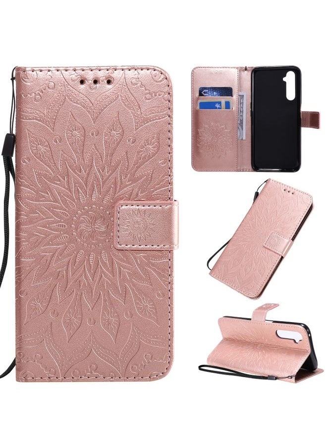 HuHa Case Cover For Realme 6 Pro Pressed Printing Sunflower Pattern Horizontal Flip PU Leather Case with Holder & Card Slots & Wallet & Lanyard Rose Gold 